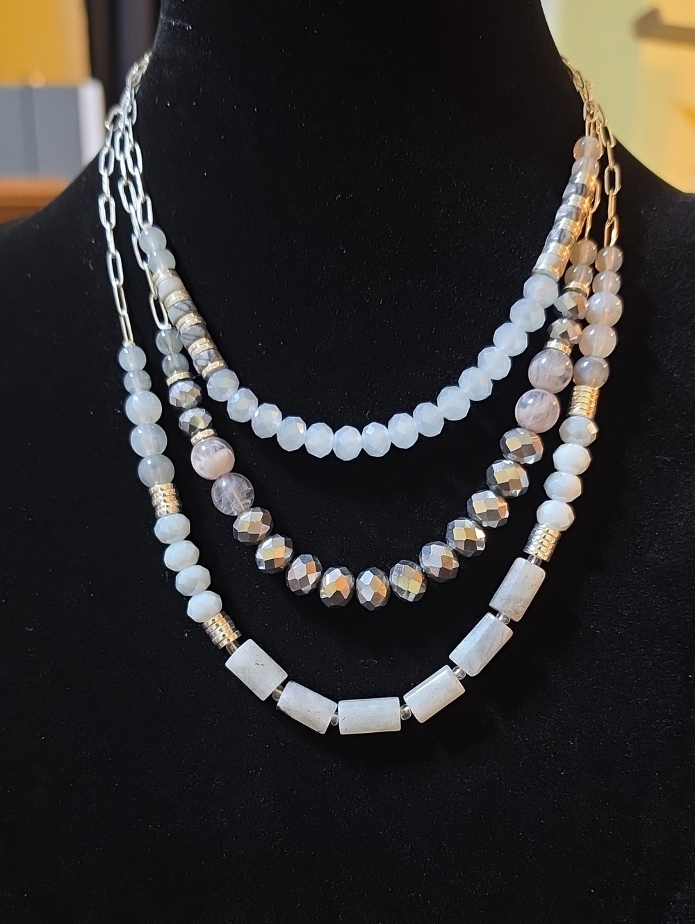 A191- Layered White and Silver Beaded Statement Necklace